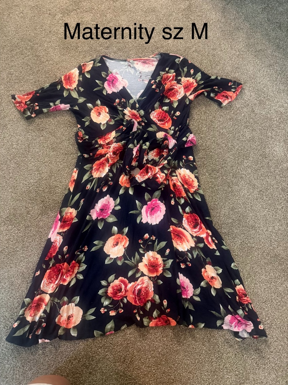 Floral Maternity Midi Dress in Black with Pink & Coral Blooms